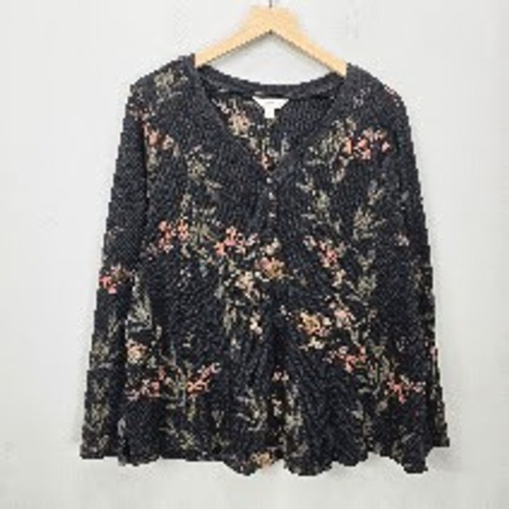 Terra Sky Ribbed Henley Top 2X Gray Floral Waffle Knit Whimsigoth Grunge Fall